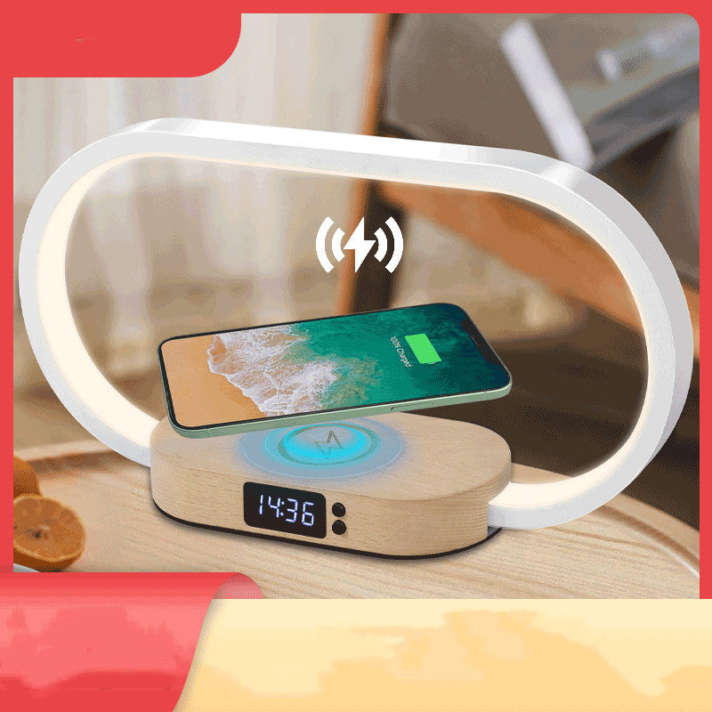 Wooden Multifunctional Lamp integrated wireless charger with USB port and clock