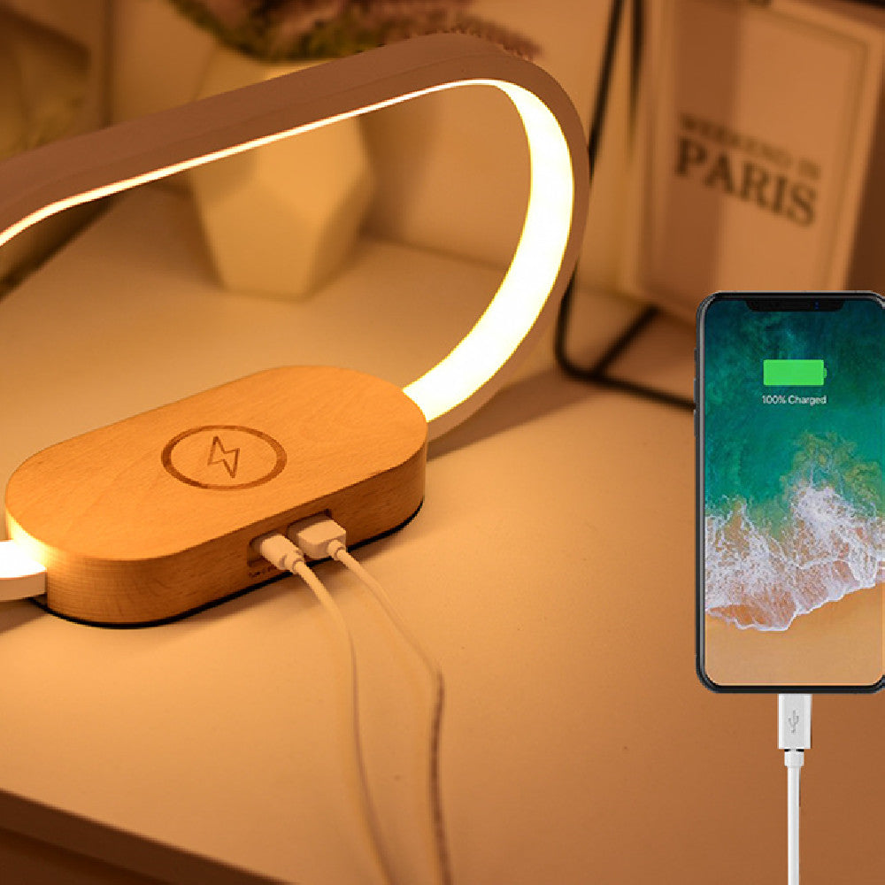 Wooden Multifunctional Lamp integrated wireless charger with USB port and clock