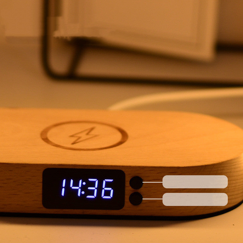 Wooden Multifunctional Lamp integrated wireless charger with USB port and clock